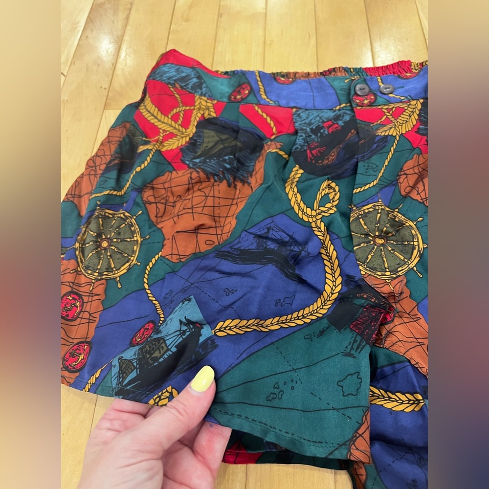 Nautical Print Shorts in Teal, Blue, Rust & Gold 100% Silk